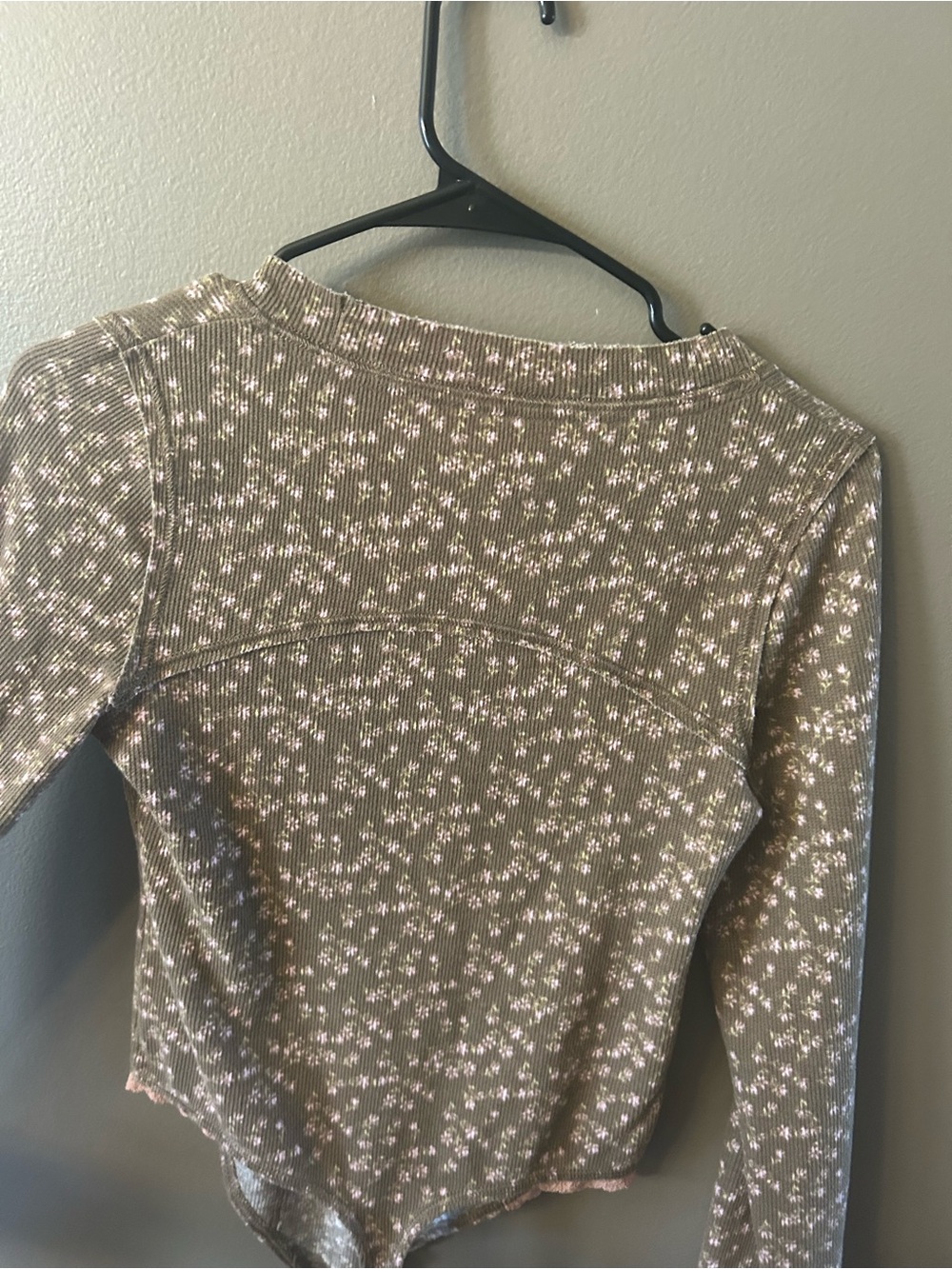 Free People Olive Brown Floral Long Sleeve Bodysuit with Pink Trim - Picture 3 of 4